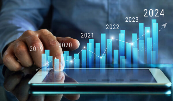 Column chart with company progress and growth by year, 2024, bus Column chart with company progress and growth by year, 2024, businessman calculates financial data for long term investments.